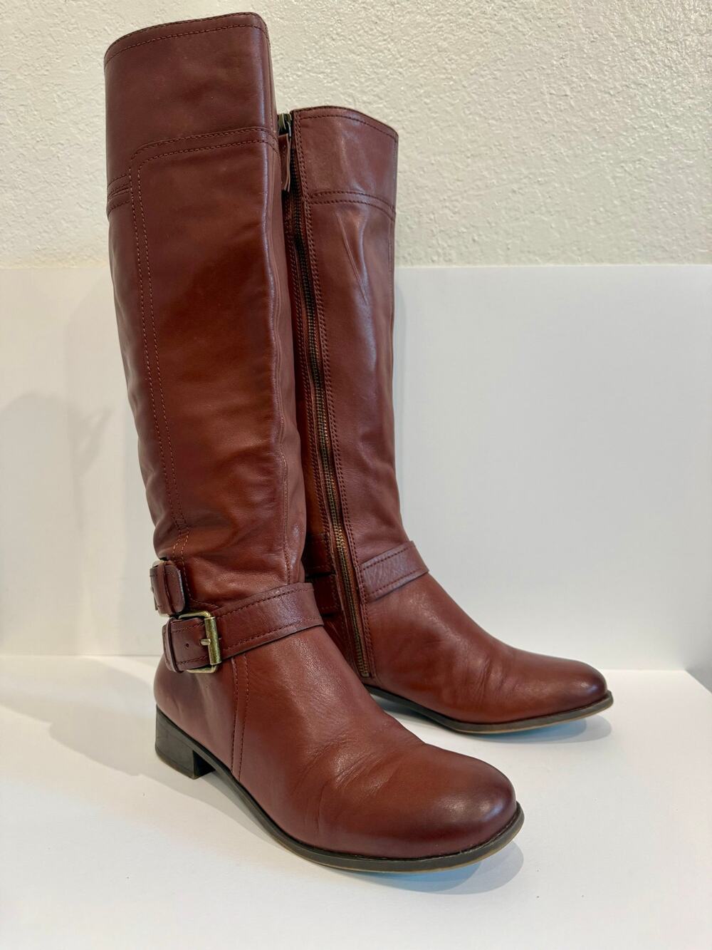 Nine West Vtg America Vashiza Cognac Chestnut Leather Riding Boots Equestrian